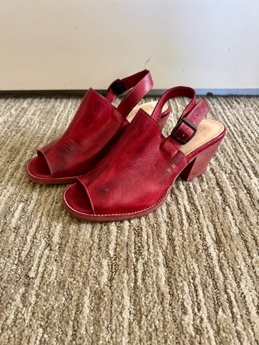 Bed Stu Women’s Red Leather Open-Toe Slingback Heeled Sandals